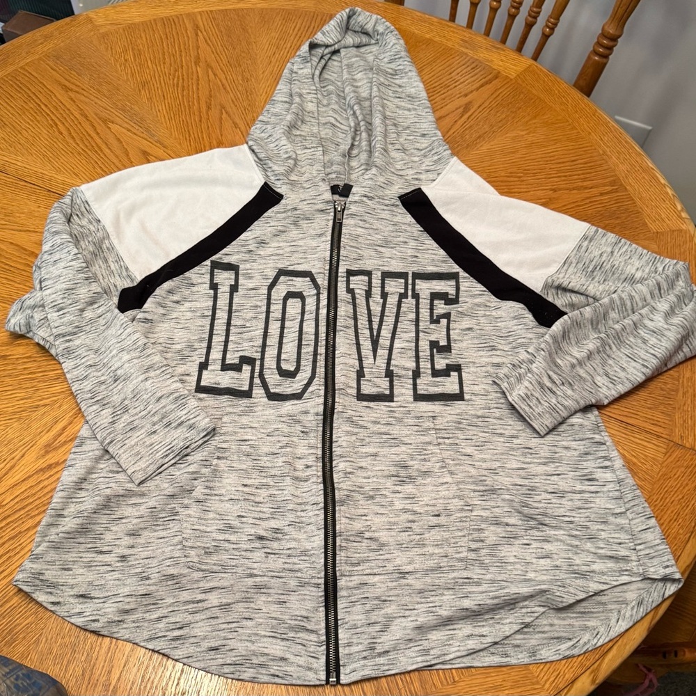 Miss Chievous Plus size Gray & White Zip up Hooded Sweatshirt sweater says Love